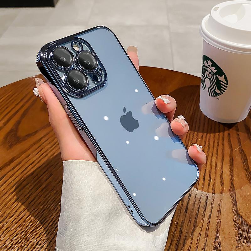 Luxury Plating Clear Case For iPhone 15 13 12 11 14 Pro Max Mini X XR XS 7 8 14 15 Plus SE Cover With Lens Protector Accessories