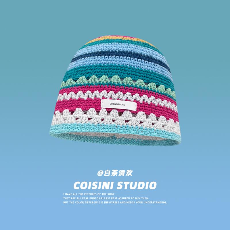 Japanese Retro Contrasting Color Rainbow Striped Knitted Basin Caps Women Spring Autumn Casual Versatile Sweet Cute Bucket Hats