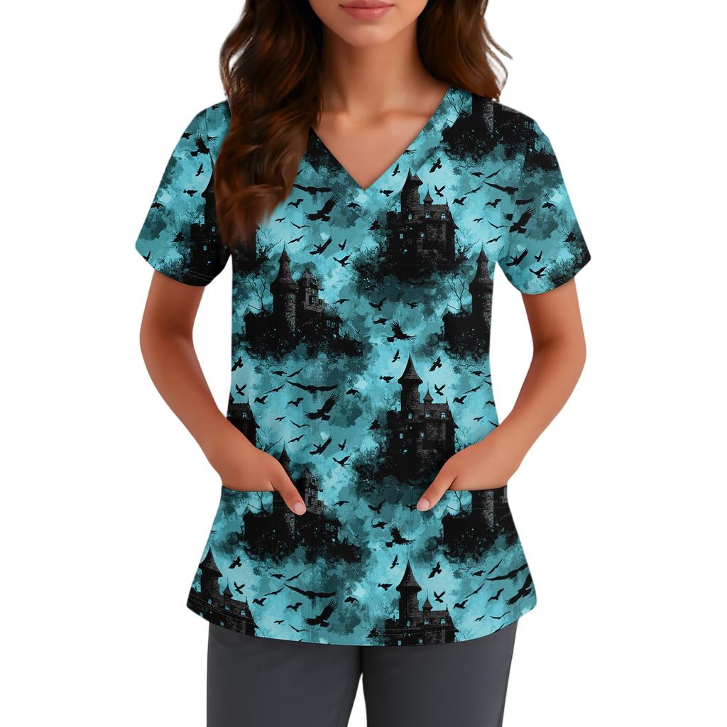 Women V Neck Short Sleeve Halloween Print Top with Pocket Scrub Shirt for Healthcare Professionals Uniform