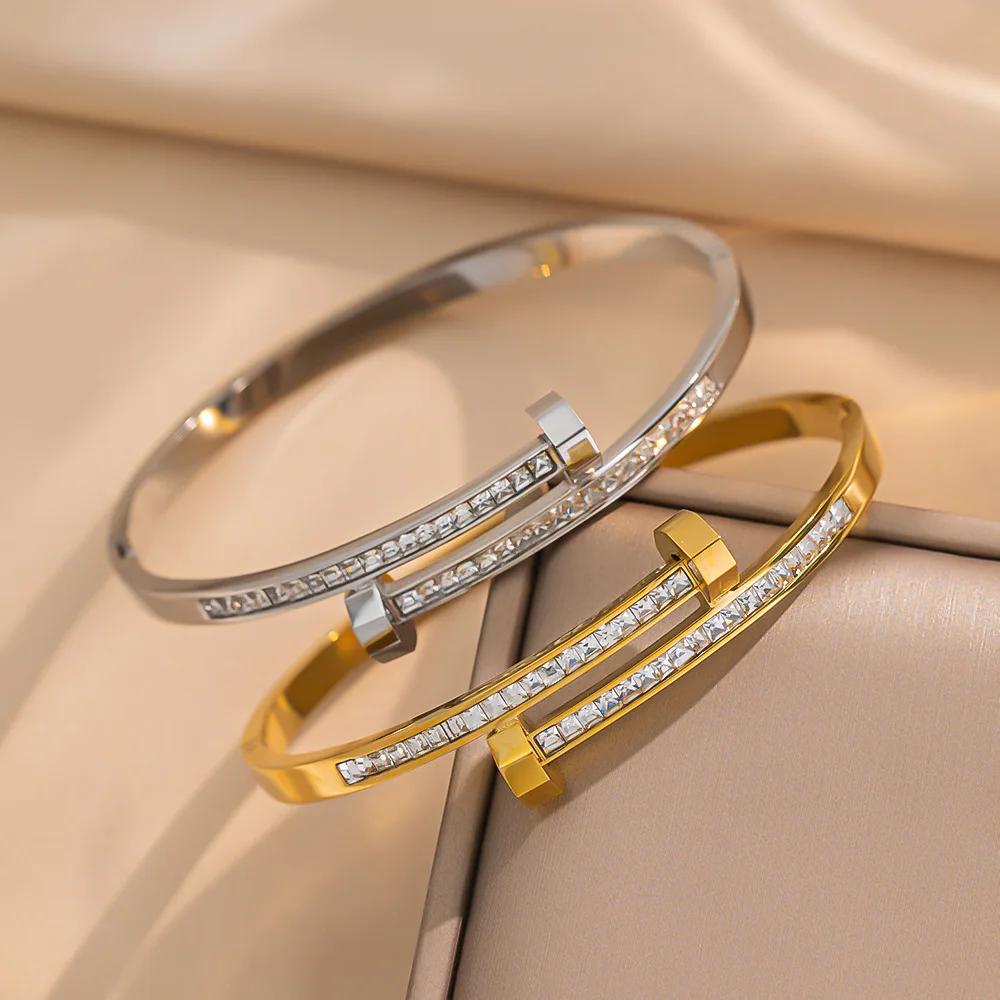 Exquisite Copper and Zirconia Stainless Steel Open Stud Bracelet Festive Party Daily Zircon Elegant Bracelet For Women