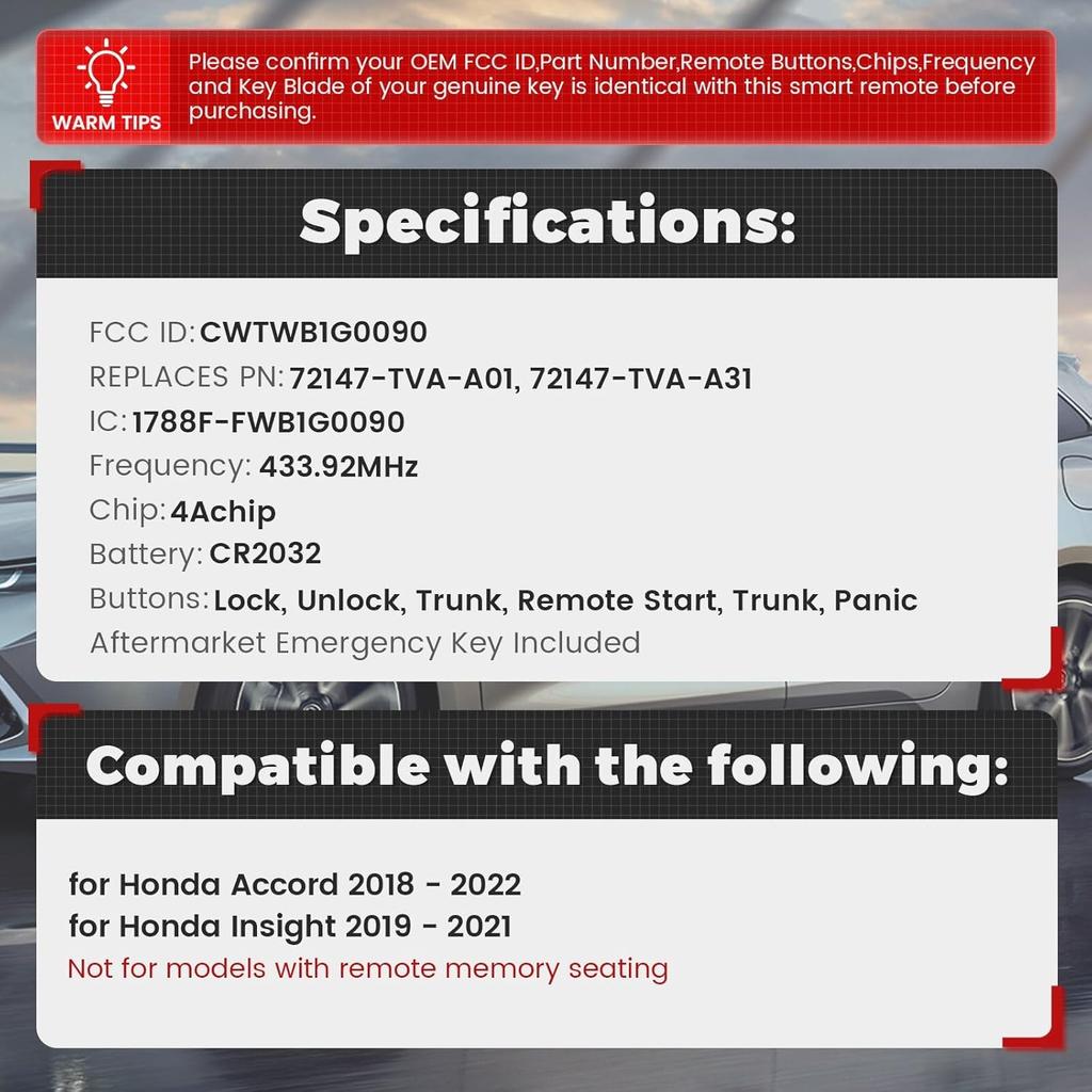 Beefunny Replacement Remote Keyless Entry Key Fob for Honda Accord 2018    ight    FCC ID:CWTWB1G0090 PN: 72147-TVA-A21 72147-TVA-A01 5Buttons