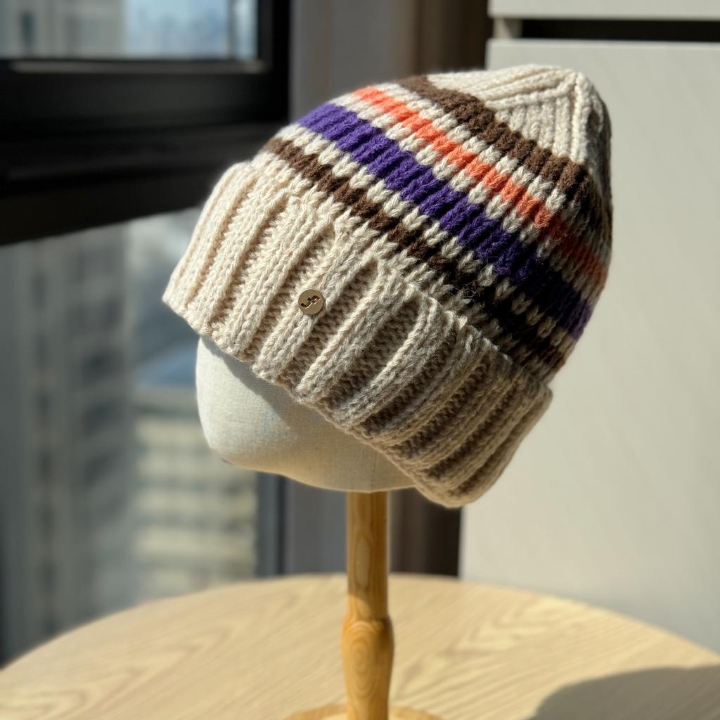 Color Block Striped Woolen Hat for Women Warm and Ear Protecting Street Versatile Winter Knitted Hat for Women Trendy