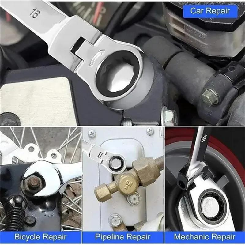 6 stk Skraldenøkkel med fleksibelt hode Dobbeltformål 72 tenner Kromvanadiumstål Fastnøkkel Bilreparasjon Håndverktøy