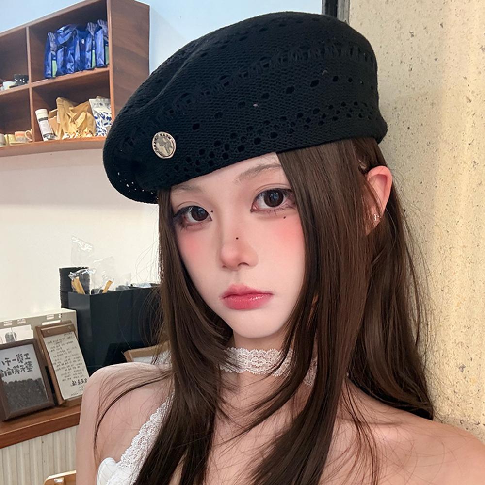Korean Ins Hollow Knit Beret Hat Breathable Summer Lightweight Beanie Cap Versatile Thin Knitted Painter Caps Fashion Sun Hats
