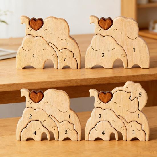 Holz Elefantenfamilie Puzzle Personalisiert 2/3/4/5 Familiennamen Elefanten Skulptur für Einweihungsdekor Weihnachten Muttertag Vatertag Geschenke