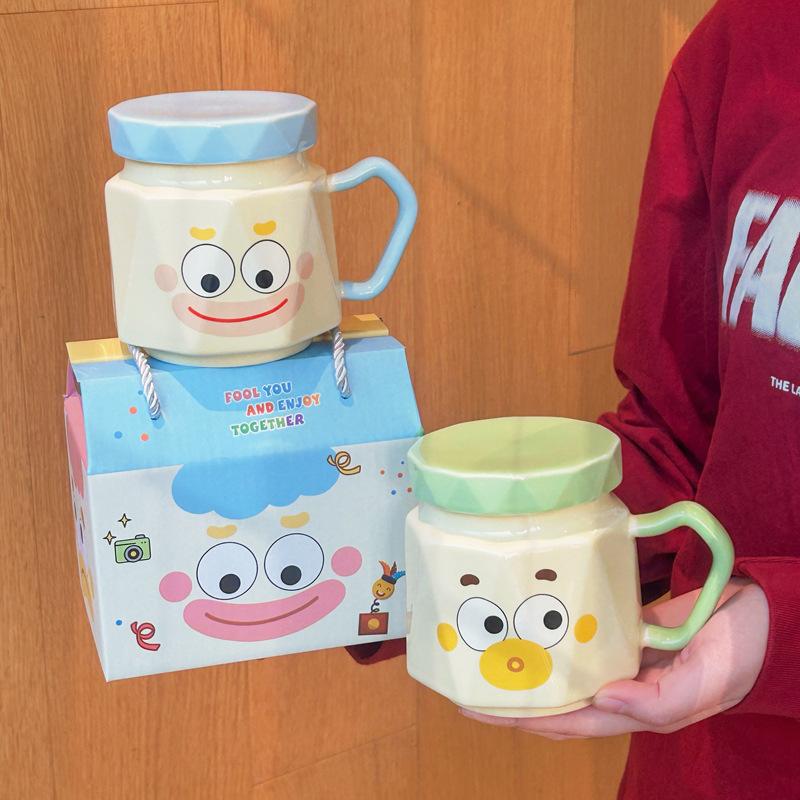 Birthday Gift Cute Clown Ceramic Water Cup Funny Couple Mug with Lid Spoon Office Coffee Milk Cup