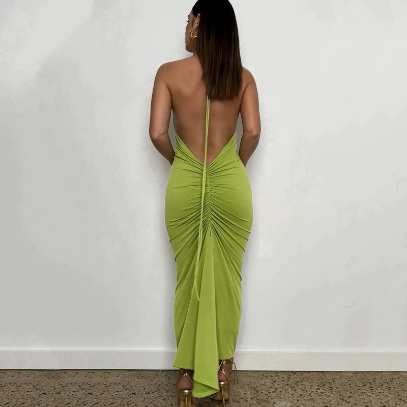 Women Summer Holiday Club Party Sleeveless Backless Elegant Ruched Halter Draped Maxi Dress