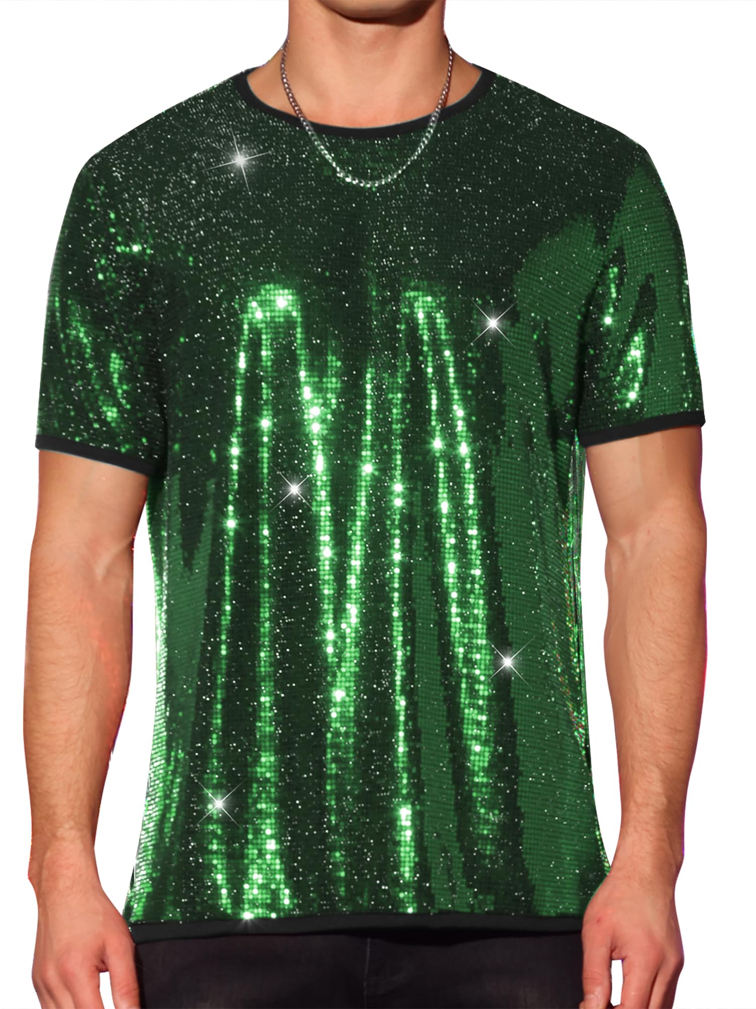 

Sequin Short Crew Night Cut and Shiny S [Lars Amadeus] Men s Shirt, Sleeve, Neck, Club, Party, Sew, T-Shirt, Green, зелёный
