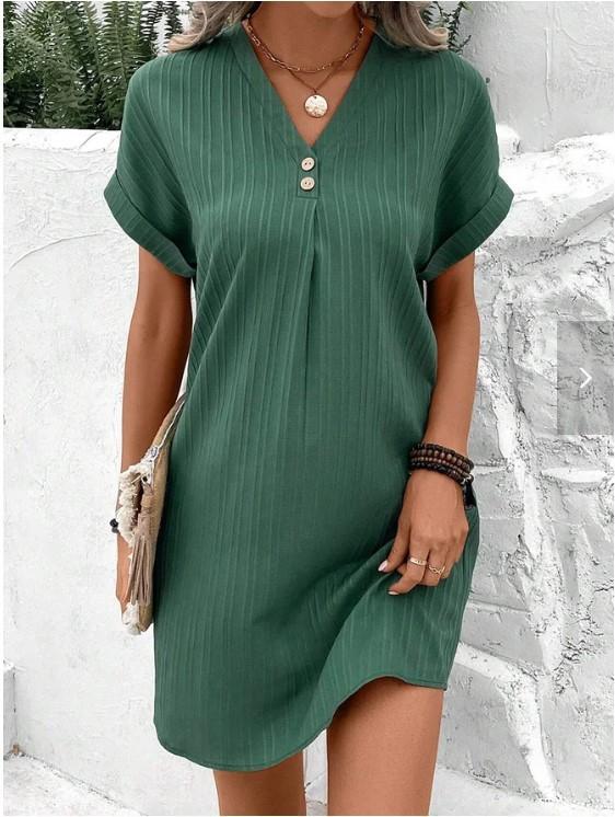 Women s new V-neck solid color pullover comfortable casual button dress S