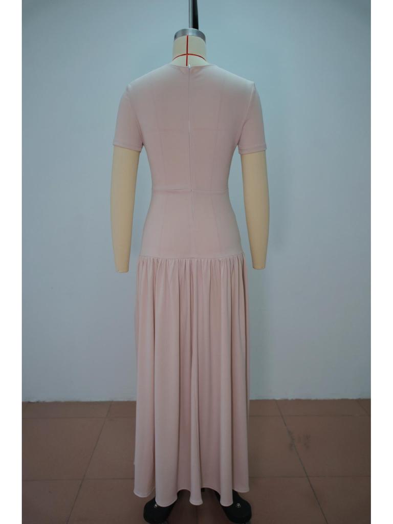 2026 Spring European & American Elegant Waist-Cinching Short Sleeve Solid Color Scarf Collar Dress