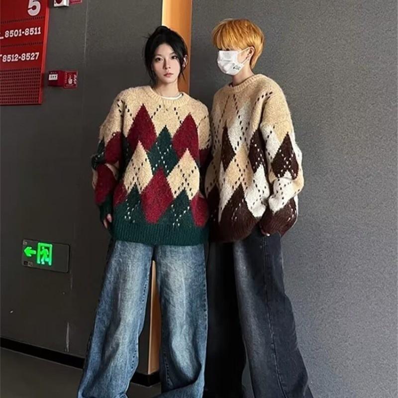 Womens Vintage Christmas Argyle Sweater Loose Lazy Knit Top Thick Stylish Fall Winter