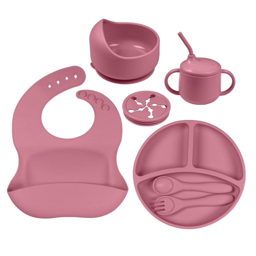 Kids' Silicone Tableware Set: Shatter-Resistant Plate, Bowl, Fork, Spoon, Bib (5-Piece)