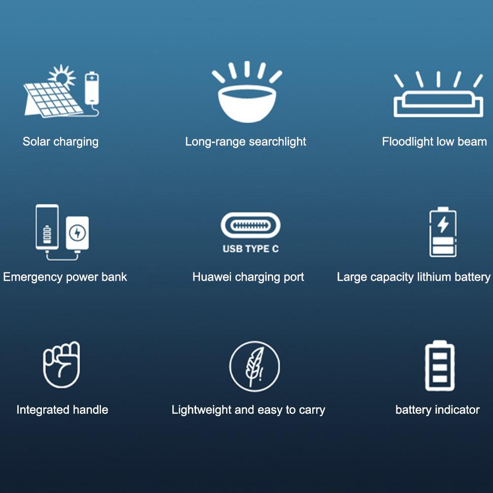 Solar Camping Lantern Type C Rechargeable Outdoor Camping Searchlight Waterproof Handheld Spotlight Torch COB for Hiking Fishing