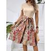 Women's Fashionable Retro Patterned Printing Color Blocked Belt Casual Dress