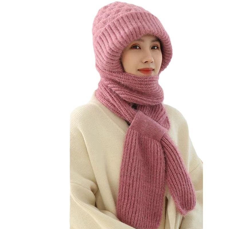 New snow hat, scarf, integrated thickened autumn and winter hat, wool woven women's thermal hat, cold-proof and plush wool hat
