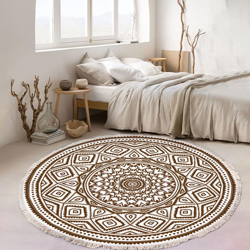 Nordic Cotton and Linen Home Leisure Non-slip Fringed Printed Round Carpet Living Room Floor Mat Bedroom Bedside Blanket