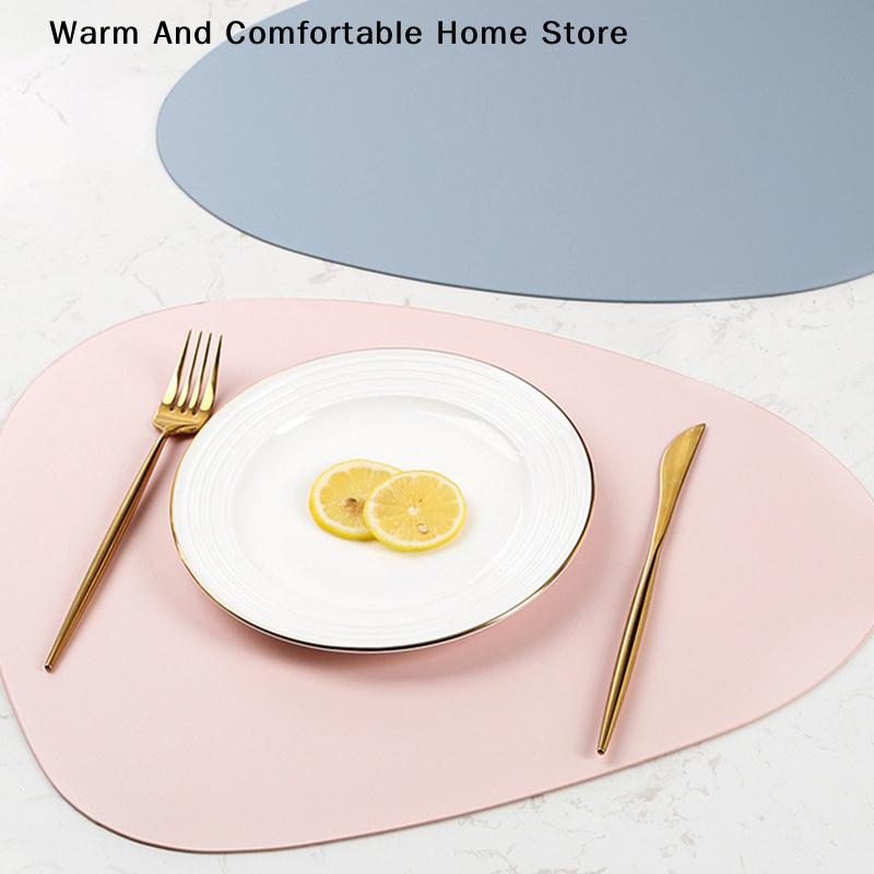 Double Sided Anti Slip PU Insulation Pad Table Mat, Nordic Style Imitation Cowhide Pattern Water Droplet Shaped Leather Placemat