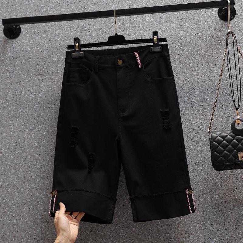 DIMANAF Plus Size Jeans Shorts Pants Women Oversize Loose Casual Belt Cotton Elastic Casual White Pants Fashion Hole