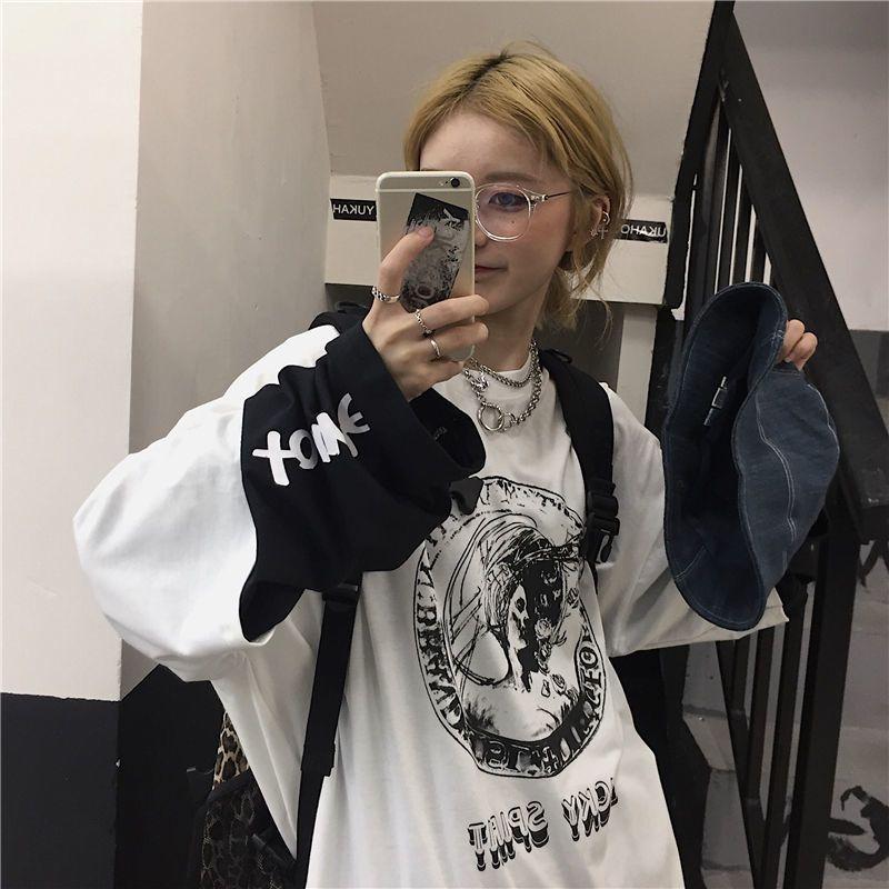 Fake Two-piece Original Diablo Anime Letter Printed Top Spring and Autumn Loose Hip-hop All-match Men's Long-sleeved T-shirt