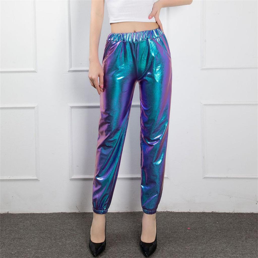 Dámské tepláky středního pasu jednobarevné lesklé devítiminutové kalhoty