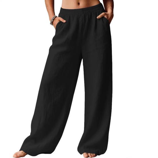 Damen Hose Hohe Taille Gerade Weiter Bein Lange Hose mit Elastischem Bund Tiefe Taschen Knitterarm Casual Hose
