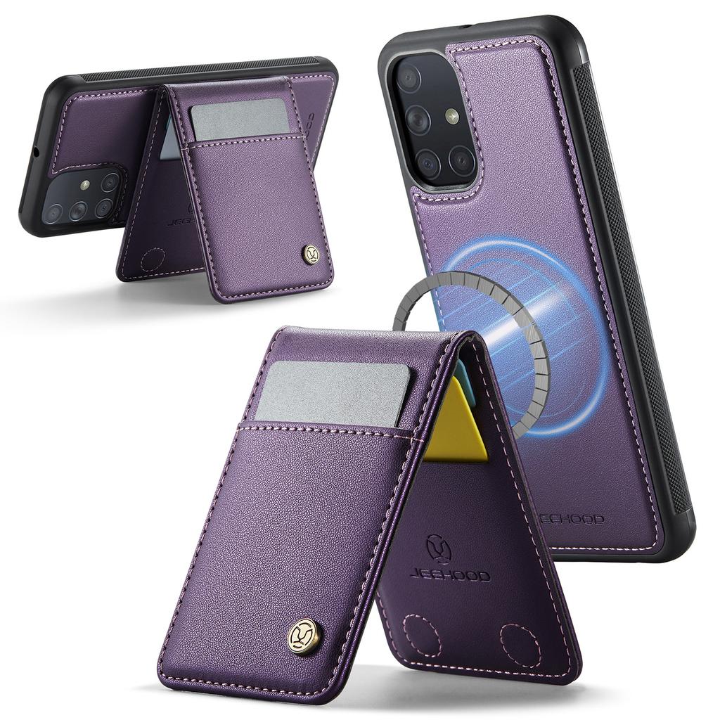For Samsung Galaxy A51 4G SM-A515 Leather Back Cover Compatible with MagSafe JEEHOOD J06 Phone Case with Card Bag RFID Blocking