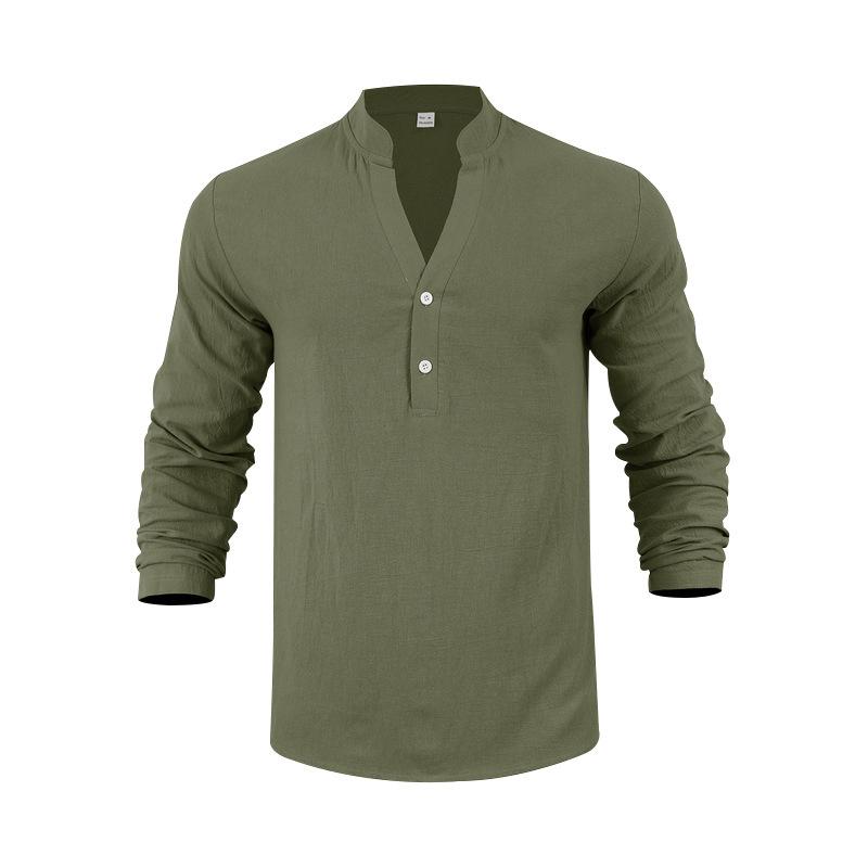 Linen Shirt Stand Collar Button-Up Men's Loose-Fit Casual Breathable V-Neck Henley Long-Sleeved T-Shirt for Men