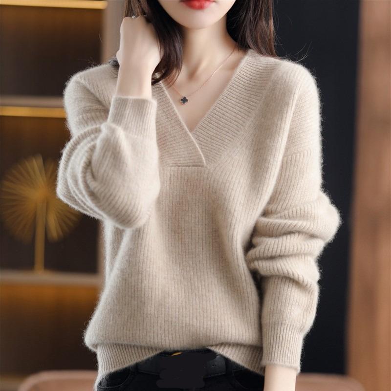 Autumn and Winter New V-neck Pullover Sweater Women's Fashion Loose Simple Knitted Thickened Tops Elegant Casual Solid Color Office Clothing