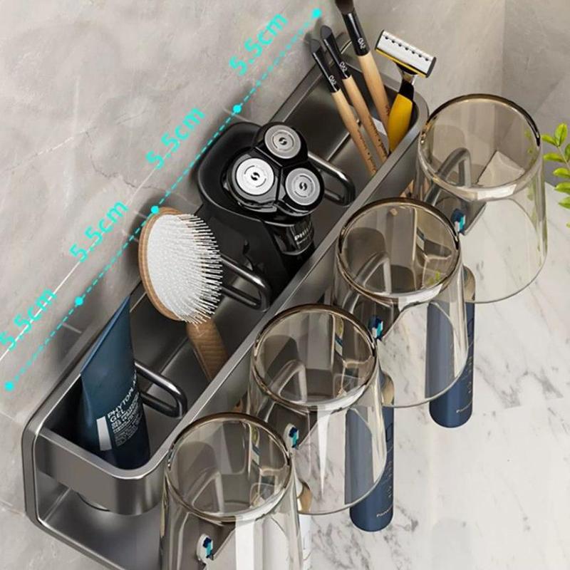 Metal Toothbrush Rack Multi-Function Toothbrush Holder Punch-Free Toothpaste Holder Wall-Mounted Bathroom Storage Box