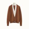 Autumn-Winter Women's V-neck Color Block Cashmere Cardigan - Elegant Two-Piece Knit Sweater