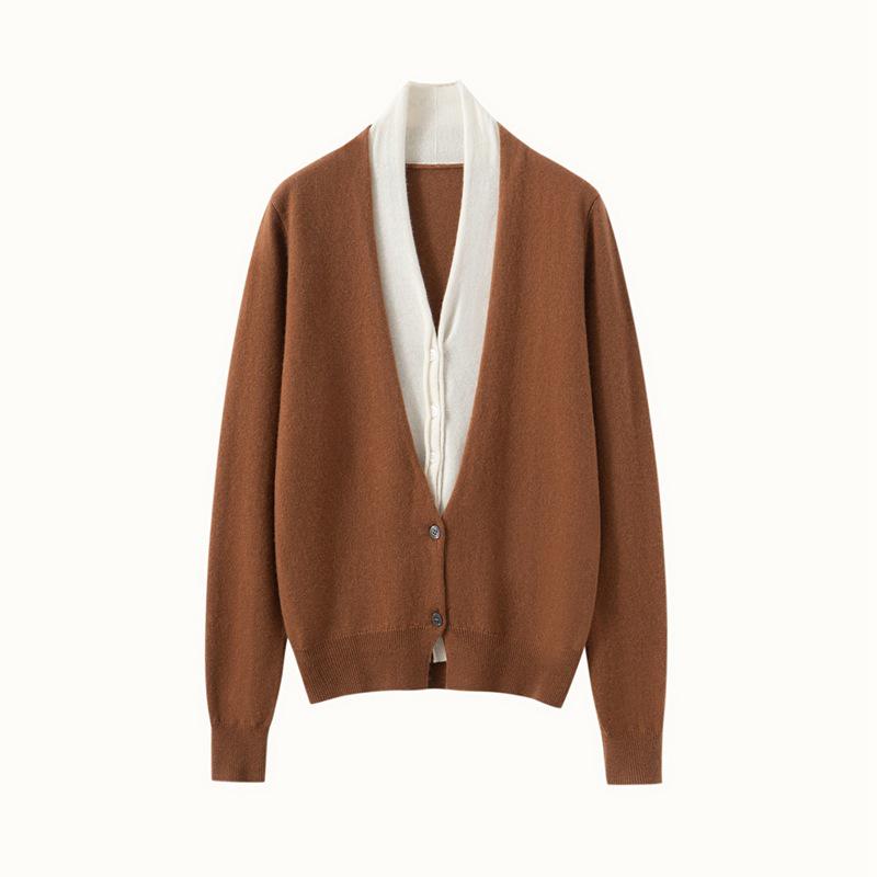 Autumn-Winter Women's V-neck Color Block Cashmere Cardigan - Elegant Two-Piece Knit Sweater