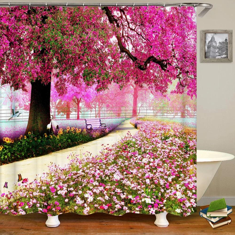 Waterproof Fabric 3D Shower Curtain Bathroom Curtain Pink Tree Landscape Polyester Bath Curtain Decorate With Hooks Cortina