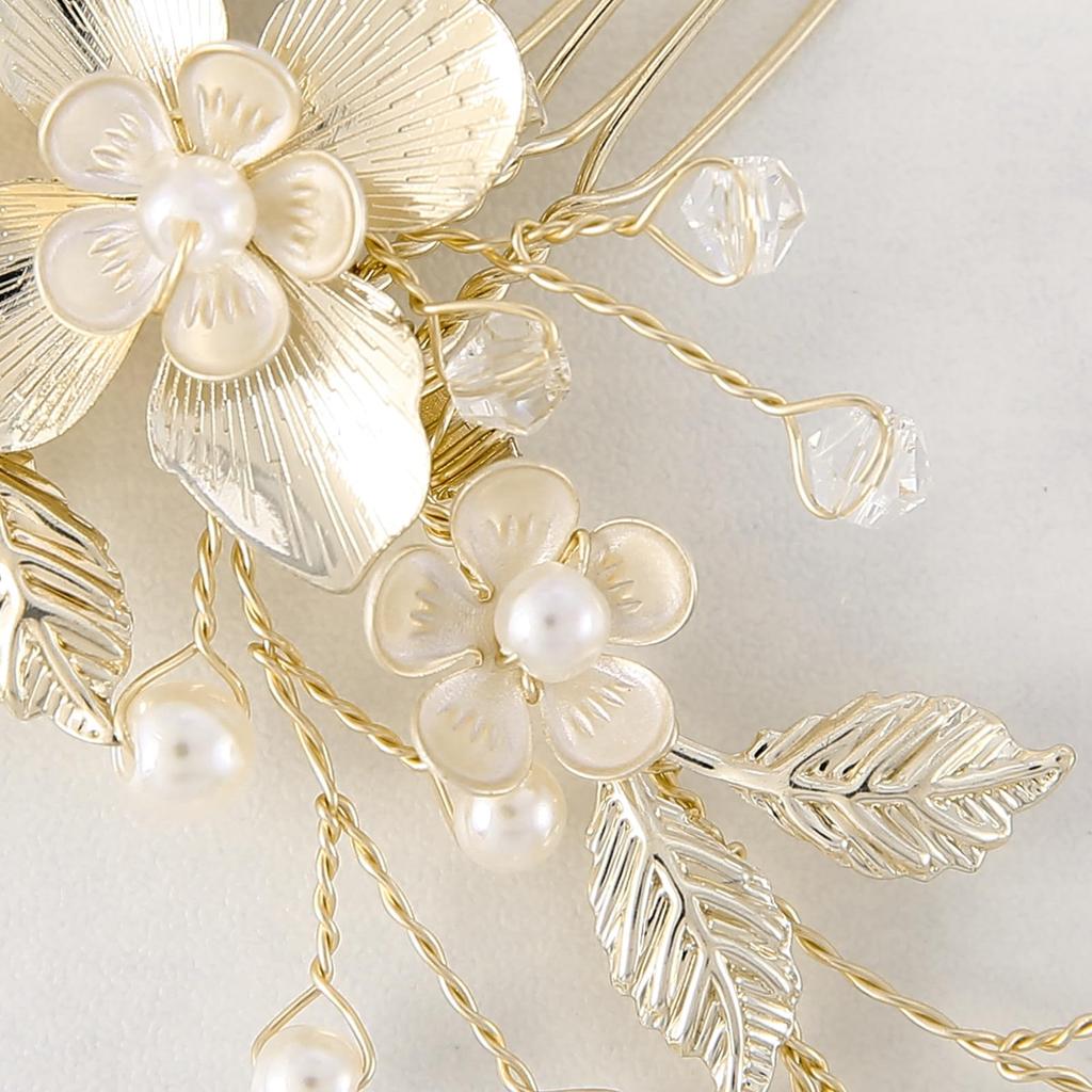 Famihot Hair Ornament Headpiece, Leaf and Flower Motif Comb with Pearl Hairpins, Set of 5, Hair Accessory for Weddings, Receptions, Graduation