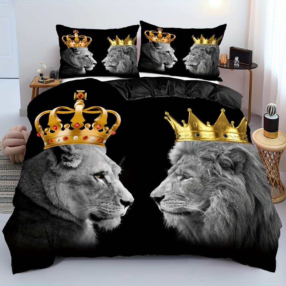 2/3 st Lyxigt Krona Lejonkungen Och Drottningen Leopardtryckt Påslakan Set - Mjukt, Levande Och Slitstarkt Sängkläder För Sovrum Present