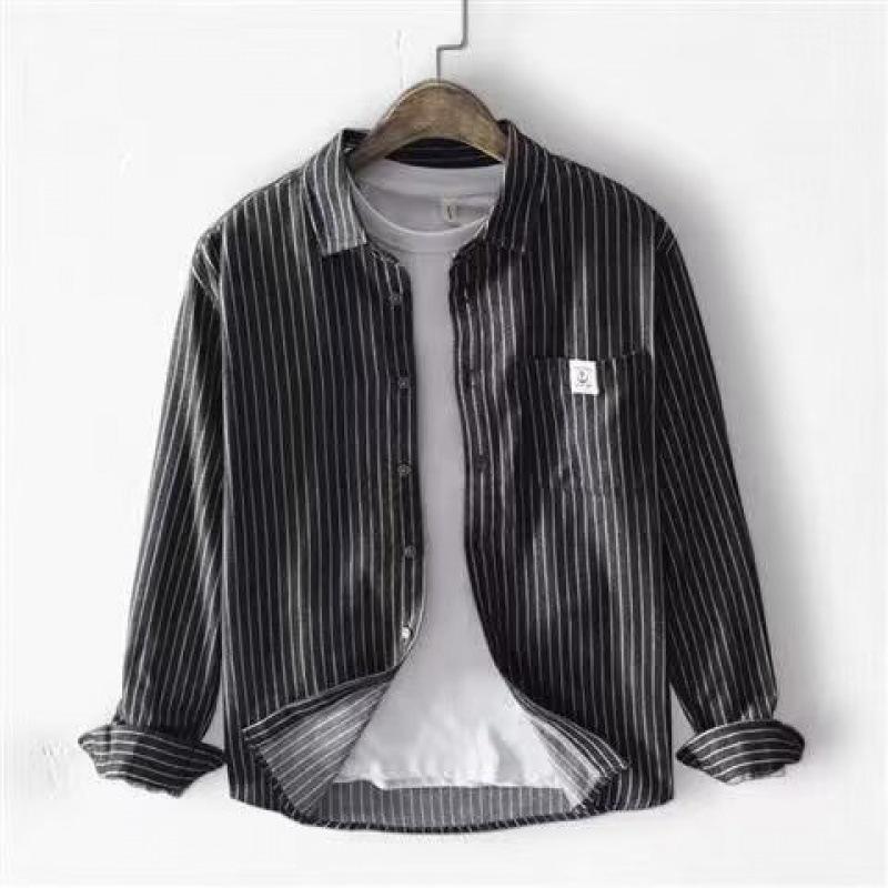 Men's Long Sleeve Striped Plaid Shirt - Hong Kong Style Spring/Autumn Jacket for Teens