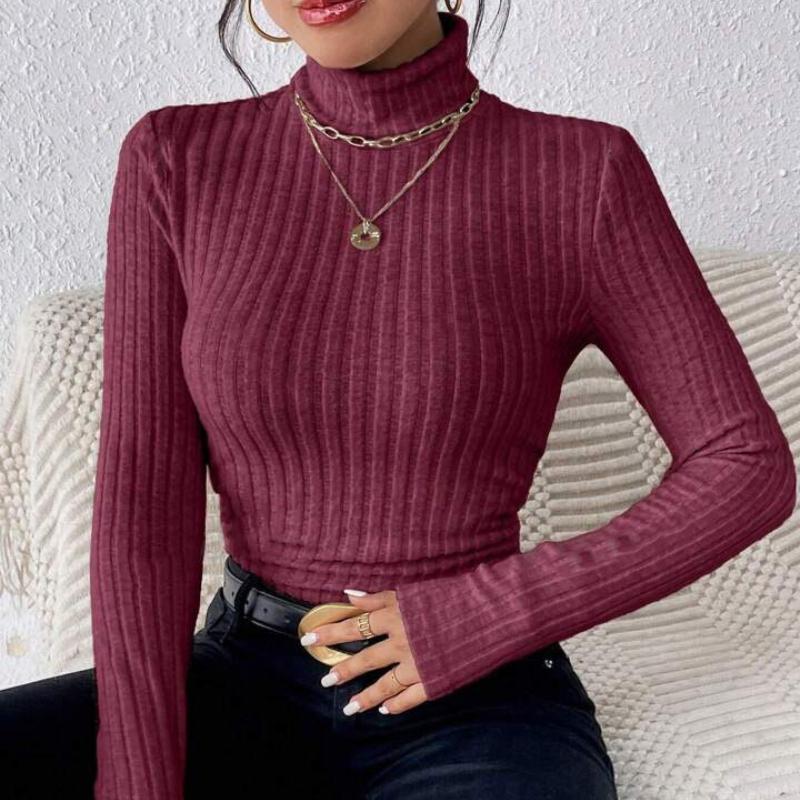 Herbst und Winter Sexy Textur Pit Stripe Slim Knit Langarm Damen T-Shirt Neue High Neck Damen Tops Casual Damen Tops