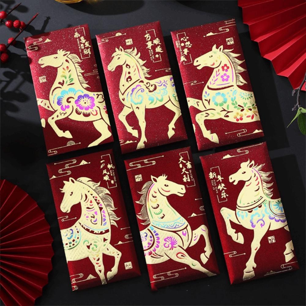 6pcs Cute Horse Year Red Envelopes Traditional Lucky Money Pockets Red Bag Spring Festival