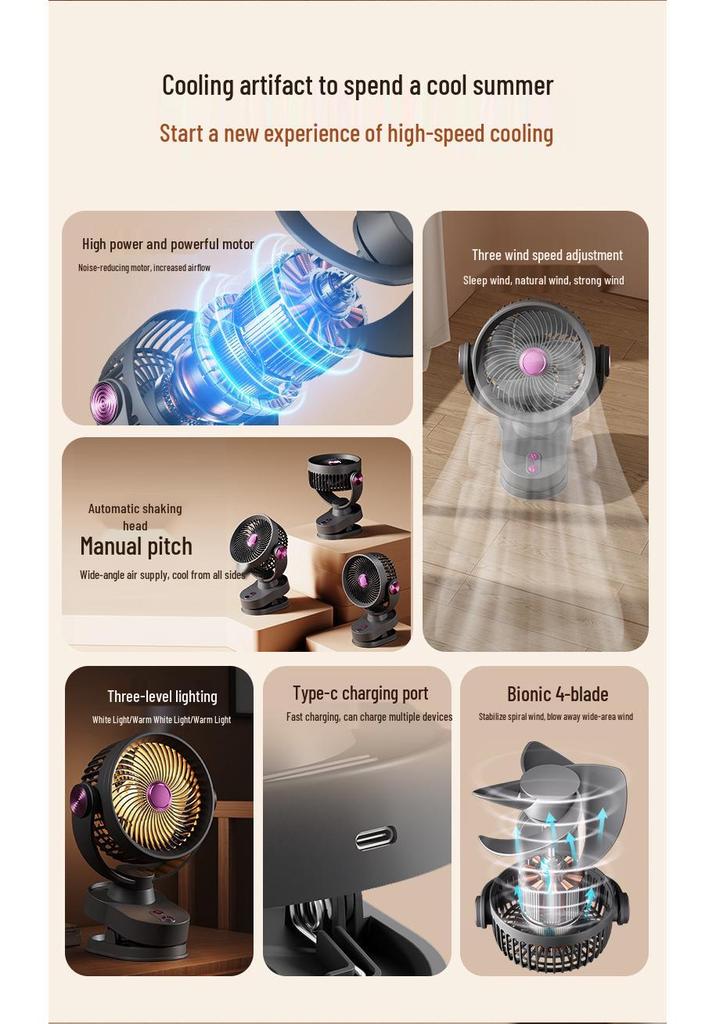 Silent USB Clip-on Desktop Fan with Light and Oscillation for Home and Dorm Use