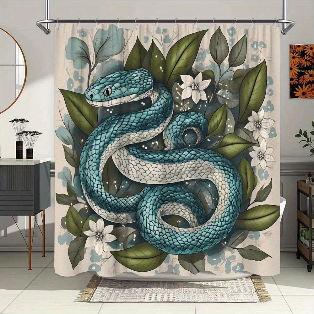 

Turquoise Snake Shower Curtain - Realistic Design, Green Leaves & White Flowers, Exotic Bathroom Decor, Polyester W60H190(CM)-1 Pcs