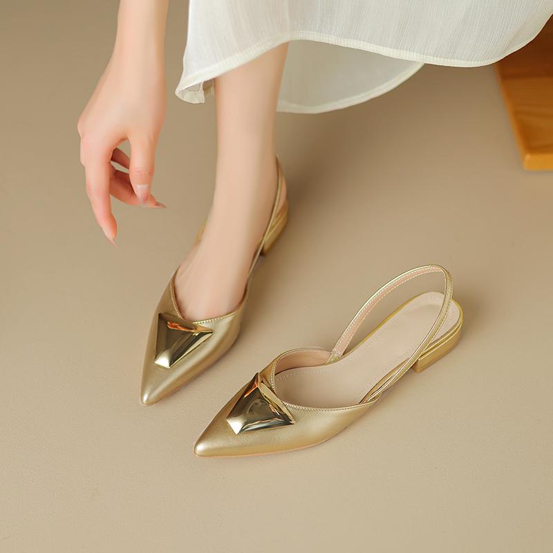 Mode NEU Sommer Damen Sandalen Zehenbedeckt Slingback Schuh Spaltleder Schuhe für Damen Spitzschuh Niedriger Absatz Schuhe Metall Schnalle Pantoletten