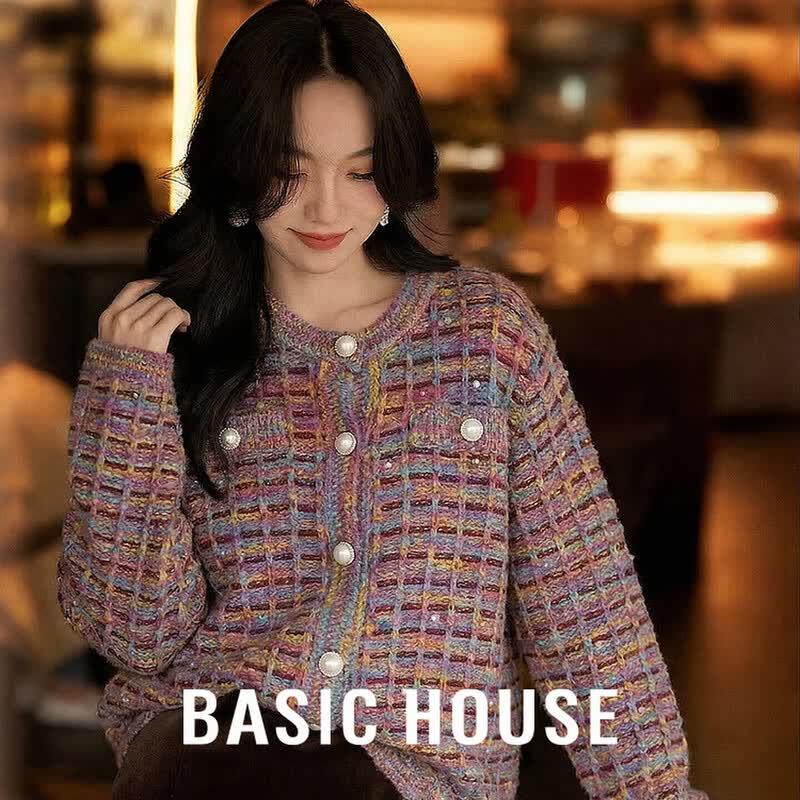 Basic House Women s Plaid Beaded Knit Cardigan M