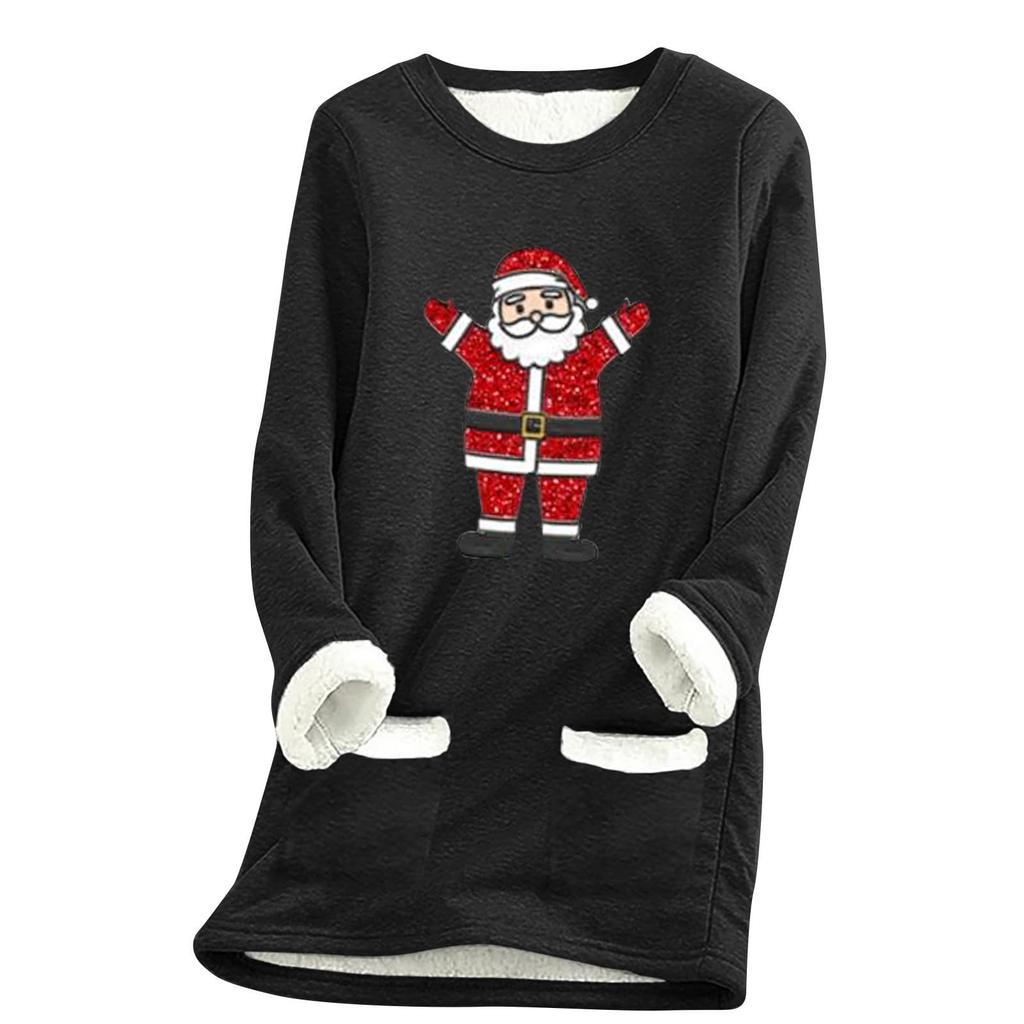 Ladies' Loose And Comfortable Round Neck Christmas Print Thick With Pockets Long Sleeved Top