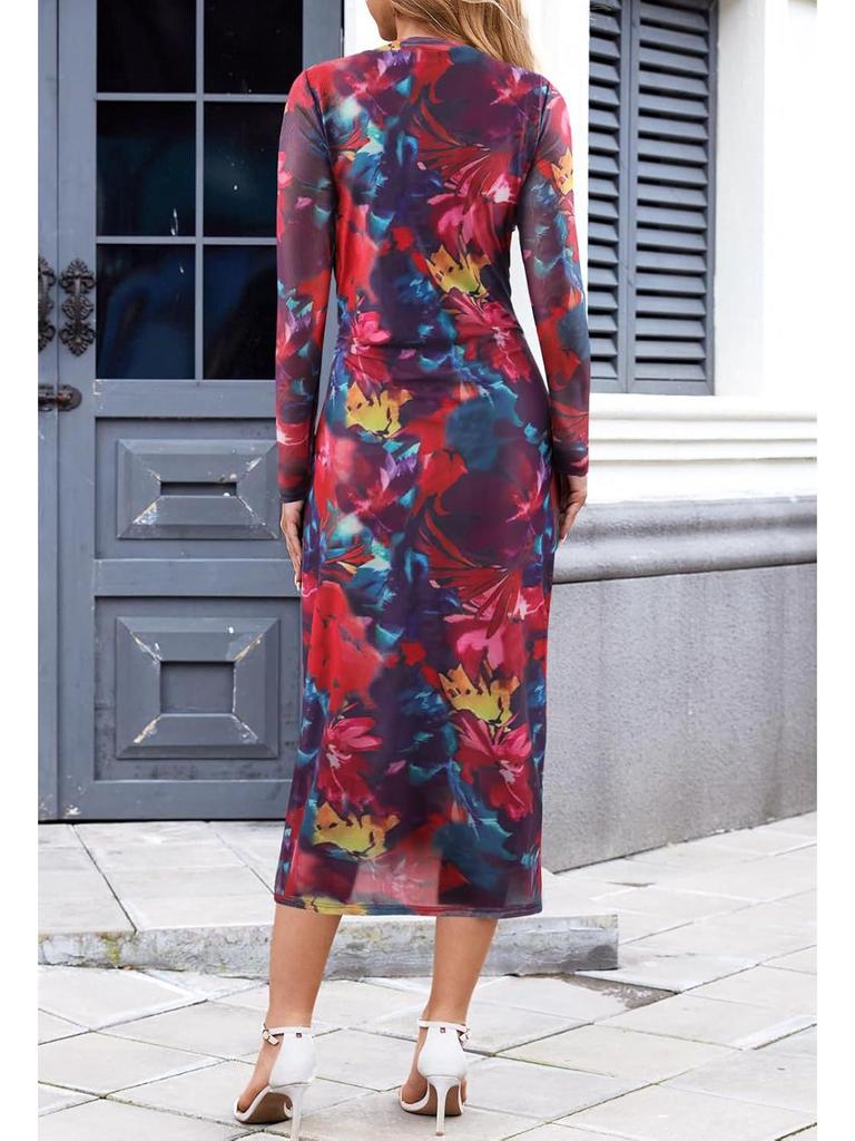 Women's Long-Sleeve Tie-Dye Pleated Cocktail Dress with Stand-Up Collar