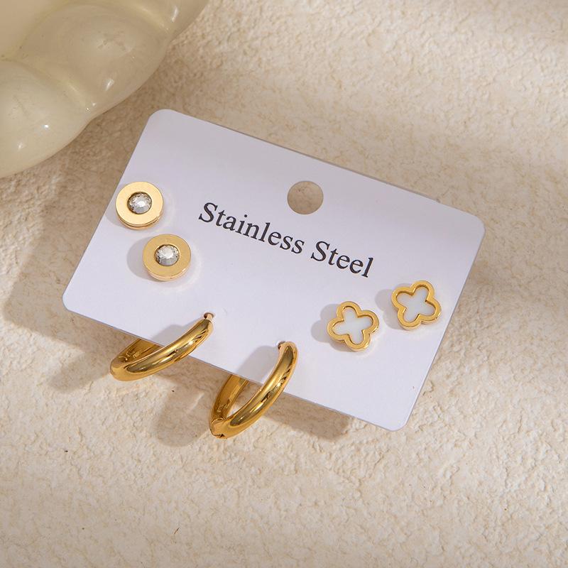 Elegant Four-Leaf Clover & Heart Earrings with Butterfly Detail, Titanium Steel Hoops - Non-Fading, Fashionable Summer Accessory