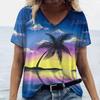 New Women T-shirt Cocoanut Tree Print Oversized Women's Trending Clothing Fashion Short Sleeve Shirt Women V-Neck Blouse 2024