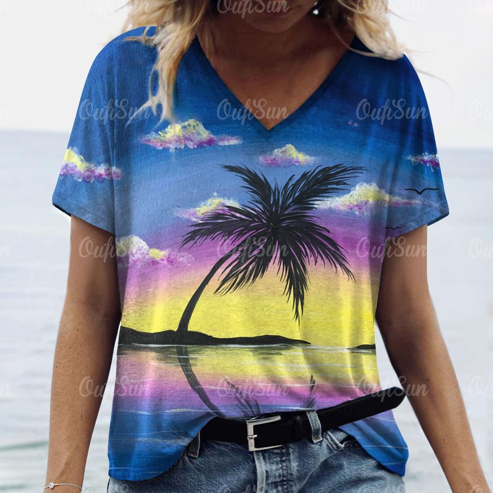 New Women T-shirt Cocoanut Tree Print Oversized Women's Trending Clothing Fashion Short Sleeve Shirt Women V-Neck Blouse 2024