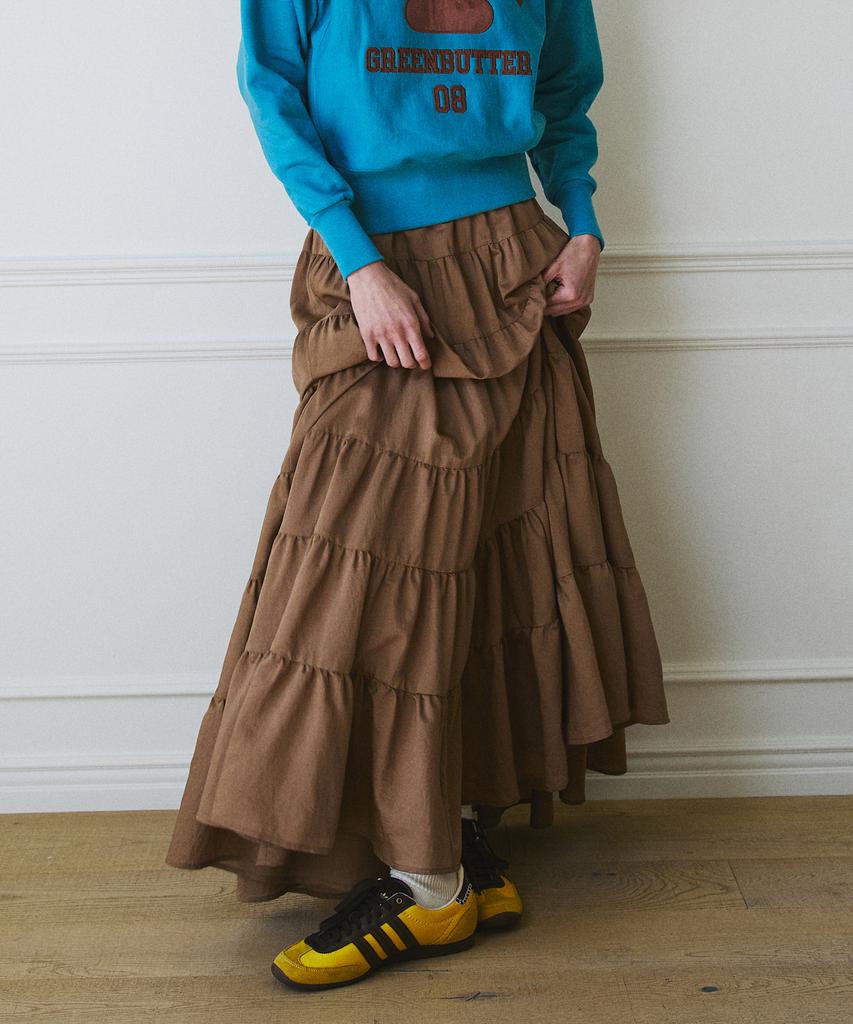 Green Butter Cancan Ruffle Long Skirt (Brown)
