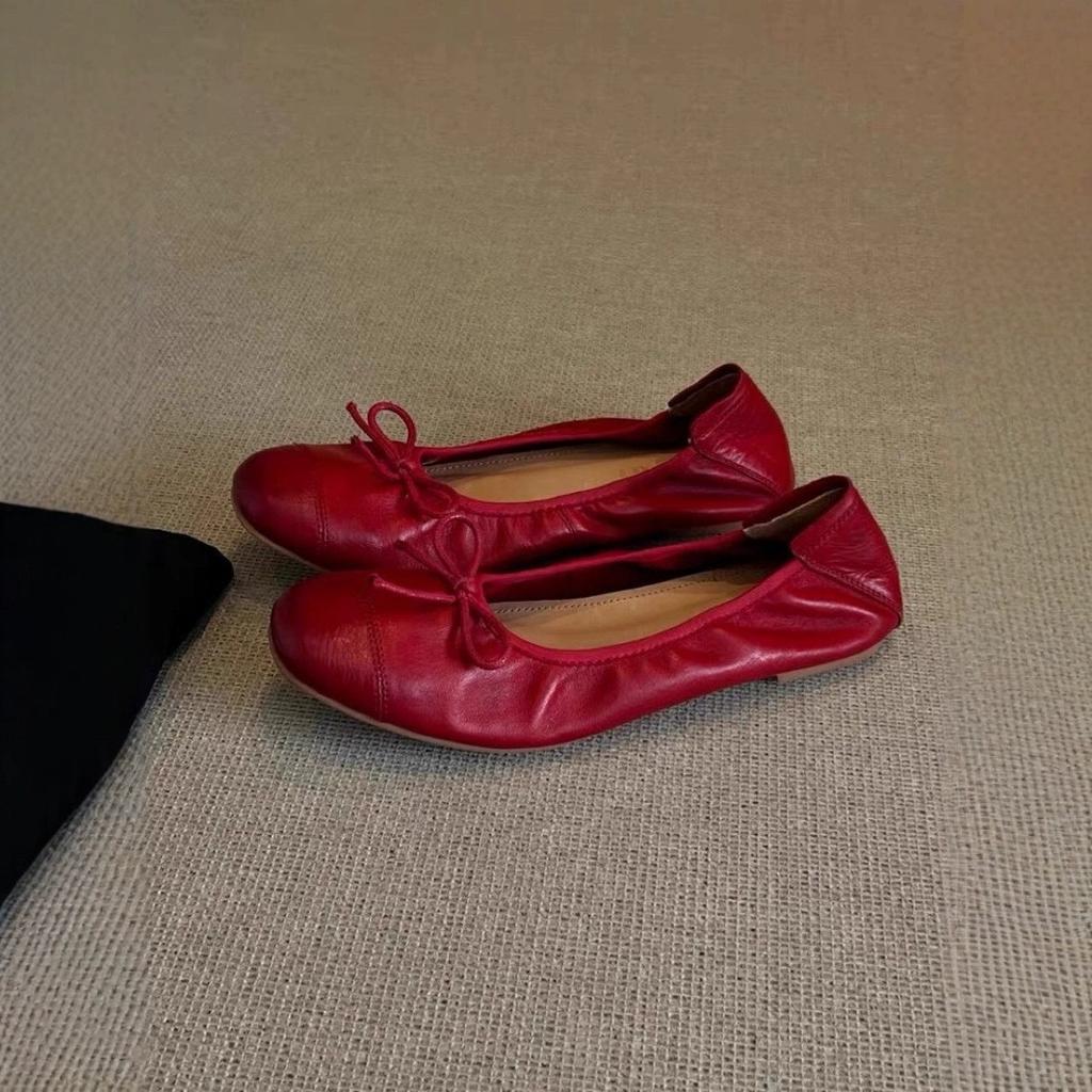 Sheepskin version~ Giant soft ballet shoes women's round head shallow mouth flat-soled single shoes French evening wind bow genuine leather grandm