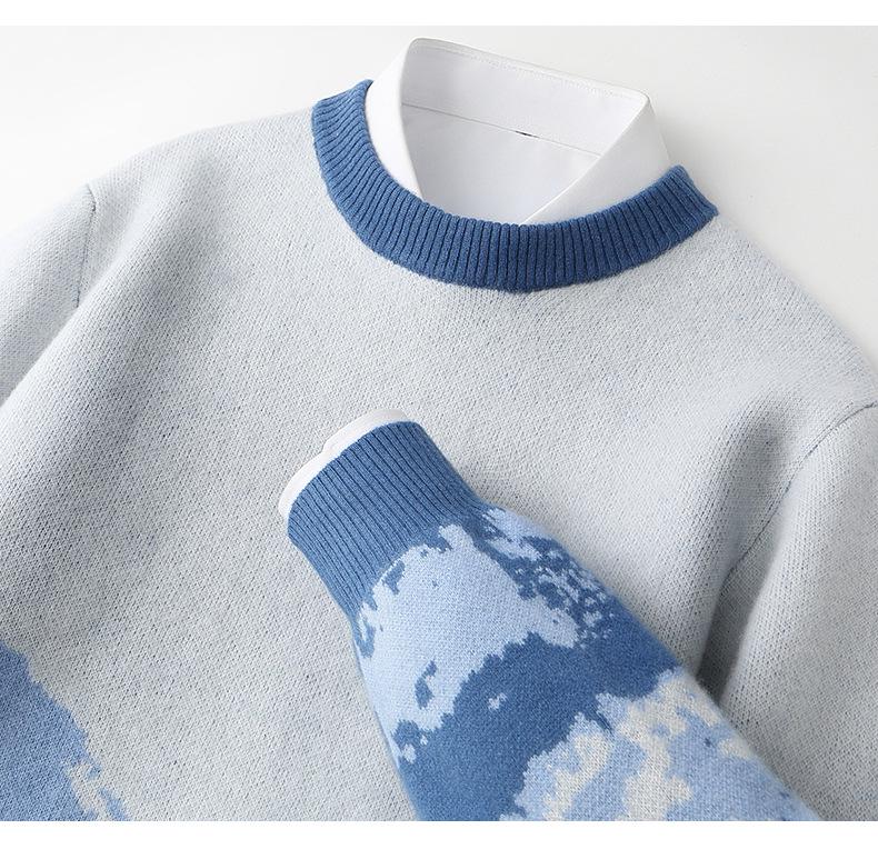 Men's High-End Pure Wool Patchwork Sweater - Winter Round Neck Cashmere Knit, New Style Base Layer