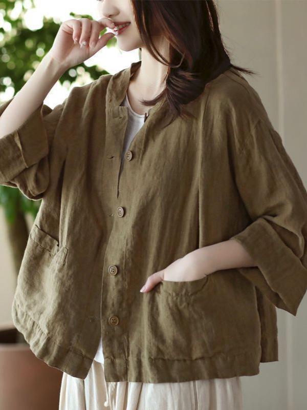 2025 Women's Retro Chinese-Style Cotton Linen Long Sleeve Cardigan with Frog Buttons - Spring/Autumn
